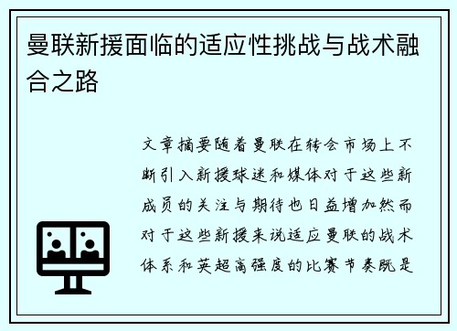 曼联新援面临的适应性挑战与战术融合之路